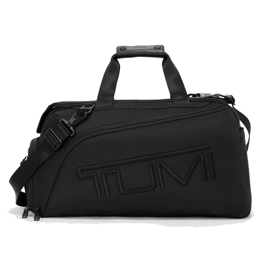 TUMI's Alpha 3 Golf Duffel Bag in Black has the logo on the front.