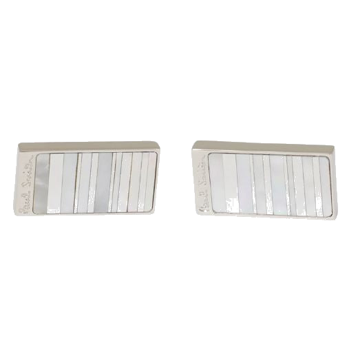 This pair of Silver Mother Of Pearl Stripe Cufflinks by Paul Smith has the brand name engraved along the sides on each one.