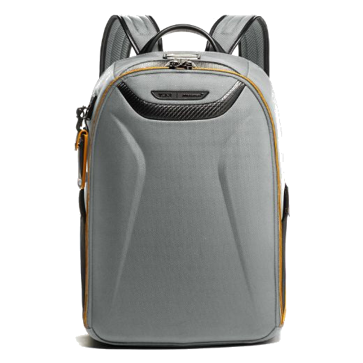 TUMI's McLaren Velocity Super Grey Backpack is made from ballistic nylon with leather trims.