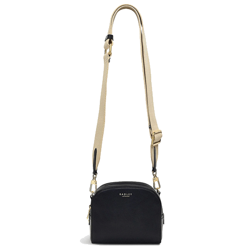 Radley's Arden Crescent Black Cross Body Bag has a contrasting beige adjustable strap.