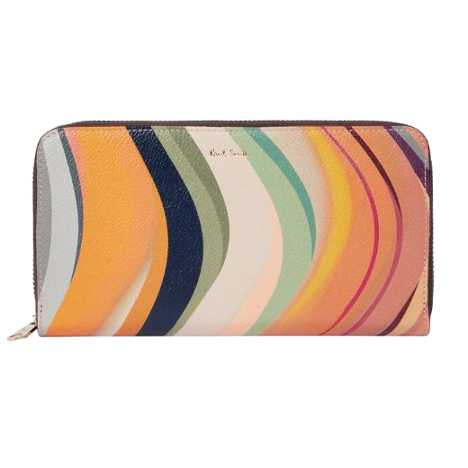 Paul Smith 'Dusky Swirl' Leather Large Zip-Around Purse has the brand signature on the front in gold foiling.