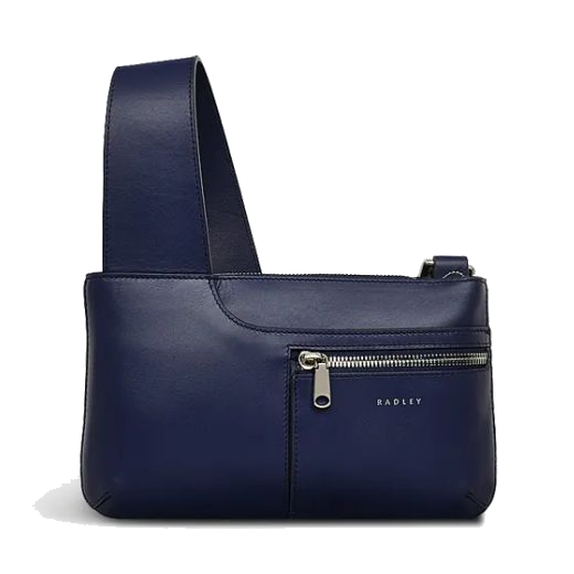 Radley's Pockets Icon Evenfall Blue Mini Zip Top Crossbody Bag has a front zip pocket and a slip pocket that is cohesive to the range.