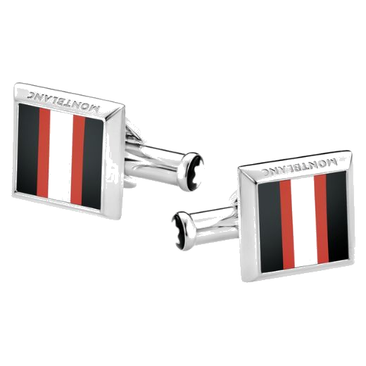 These Montblanc Urban Spirit Racing Stripe Cufflinks have a striped inlay in black, red, and white with the brand name engraved along the edge.