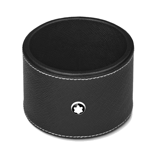 This Montblanc Black Leather Round Desk Tray, Medium is made out of saffiano leather and has the palladium-plated emblem in the centre.