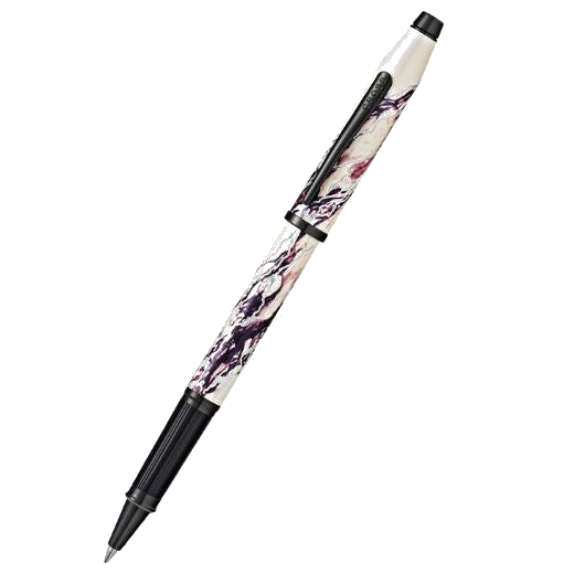 Cross Wanderlust Everest Rollerball Pen has a barrel and cap that is made out of lacquer with a pearlescent white and purple pattern inspired by the Himalayan mountains.
