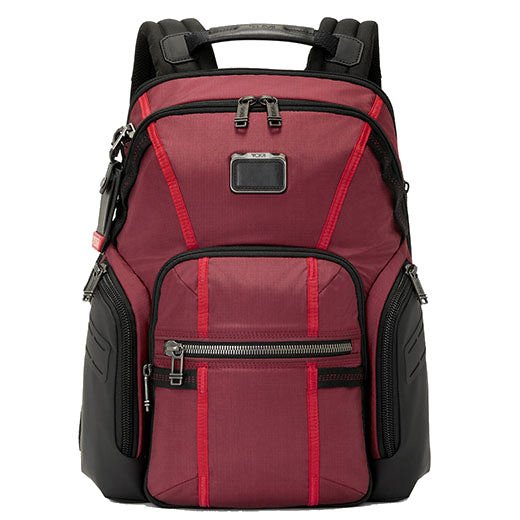 TUMI's Alpha Bravo Desert Red Navigation Backpack features adjustable shoulder straps.