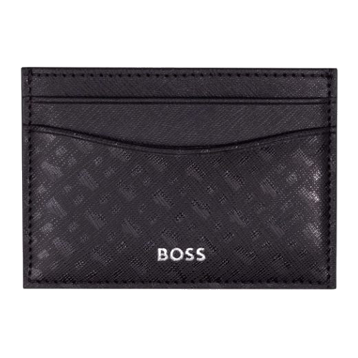 This BOSS Zair Faux Leather 4CC Monogram Card Holder has the monogram print on the top panels with saffiano textured bonded leather.