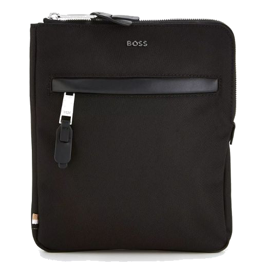 This Highway Black Nylon Envelope Bag by BOSS has cow leather trims in matching black that give the bag a sleek finish.