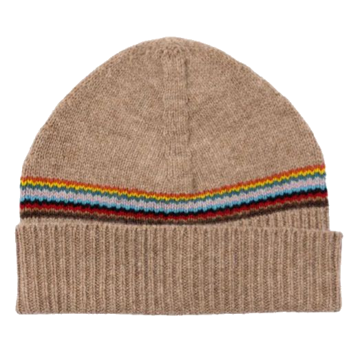This Beige 'Signature Stripe' Block Lambswool Beanie Hat by Paul Smith has a stripe design across the middle which contrasts with the plain beige.