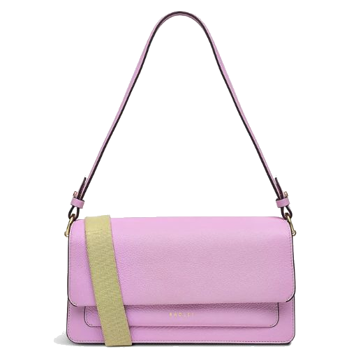 Radley's Leather Lane Sugar Pink Medium Flapover Shoulder Bag has an ecru cross body strap and a matching pink leather shoulder strap.