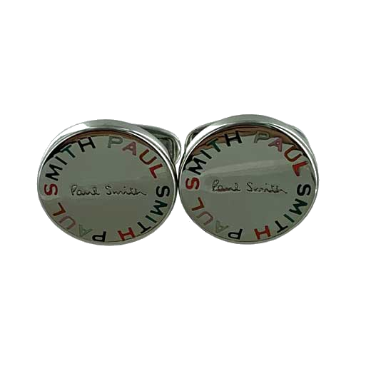 This pair of silver Paul Smith cufflinks come with the brand name around the outside in different colour lettering.