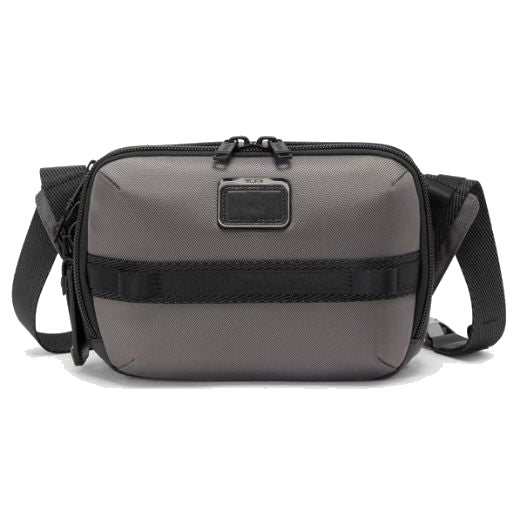 TUMI's Alpha Bravo Charcoal Ranger Cross Body Bag can be embossed on the leather of the luggage tag.