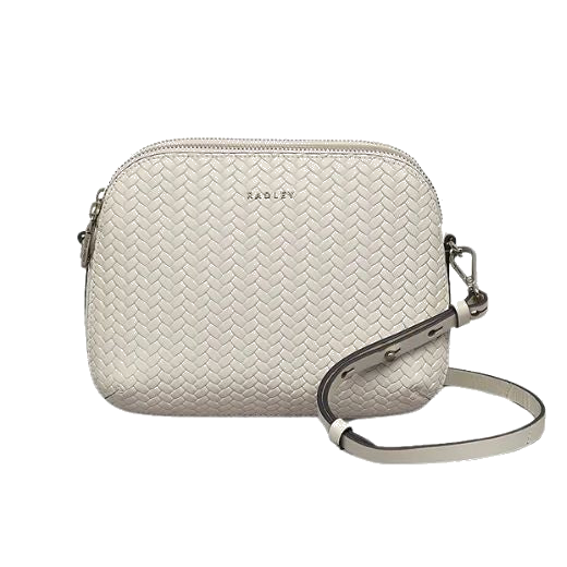 Radley's Dukes Place Chalk Weave Cross Body Bag is made out of cowhide leather with a weave pattern on the front.