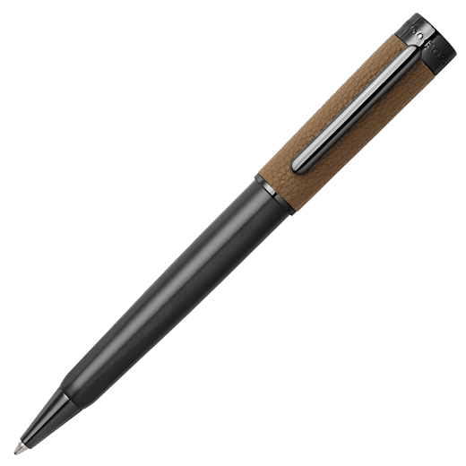Corium Chrome Ballpoint Pen Camel by Hugo Boss with a softgrain camel vegan Pu leather wrap.