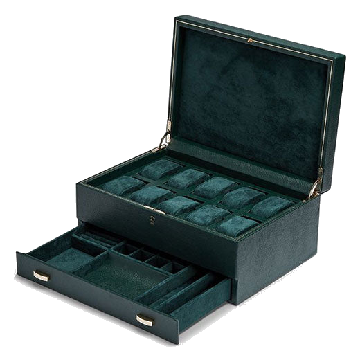Green British Racing 10 Piece Watch Box with Storage designed by WOLF 1834.
