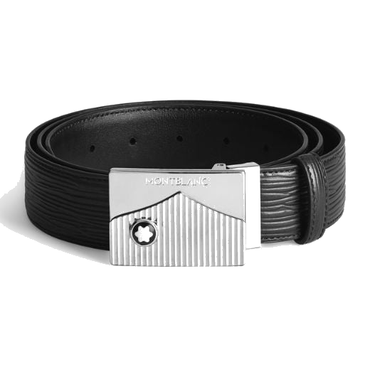 This Montblanc Meisterstück Palladium-Plated Black Leather Belt 35mm has a bark-print design on the black leather strap.