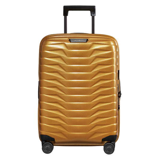 Samsonite's Proxis Spinner Expandable Honey Gold Carry On Case, 55 cm is made out of polypropylene.