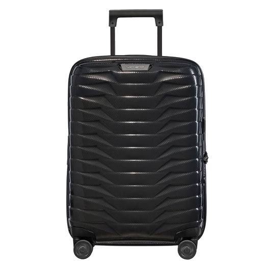 This Samsonite Proxis Spinner Expandable Black Carry On Case, 55 cm has a hard shell exterior and a sleek black surface.