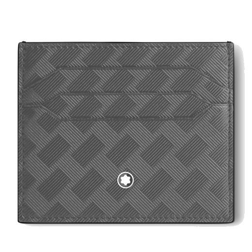 This Montblanc Extreme 3.0 6CC Forged Iron Leather Card Holder has the iconic snowcap emblem on the front and the brand name embossed on the back.