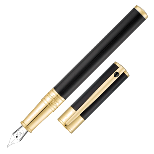S.T. Dupont's D-Initial Black and Gold Fountain Pen with gold trims and a smooth black barrel.