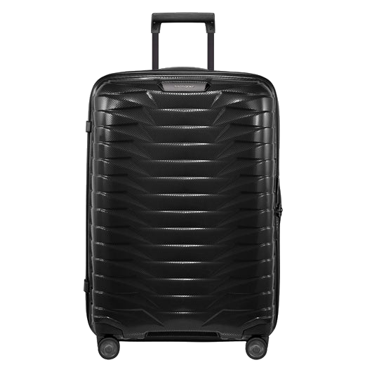 This Samsonite Proxis Black Spinner Suitcase, 69 cm has a hard shell exterior that is durable.