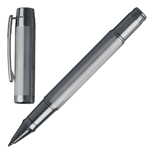 Full view of the Hugo Boss chrome-plated Bold rollerball pen with the cap remvoved.