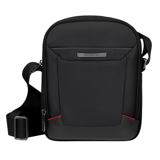 This Samsonite Pro-DLX 6 Medium Crossbody Bag in Black has gunmetal accents including a branded plaque on the front.
