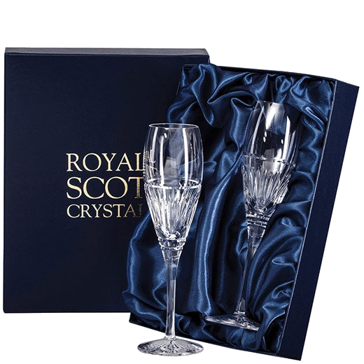 royal scot crystal art deco 2 champagne flutes packaging