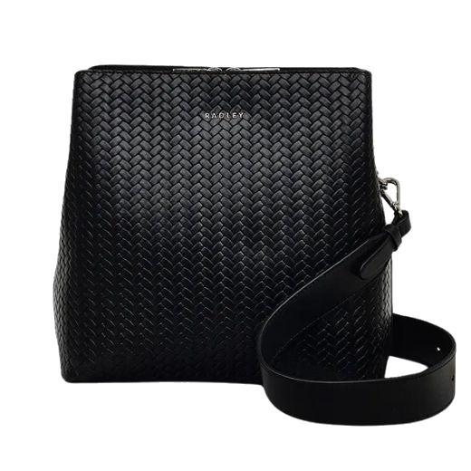 Radley's Dukes Place Black Weave Medium Compartment Cross Body Bag has a woven leather design on the front and plain leather on the back.