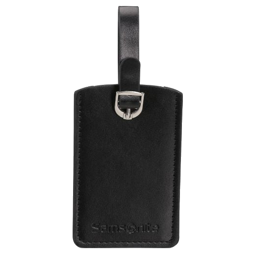This Samsonite Black PU Leather Luggage Tag x2 has the brand name in blind embossing towards the bottom of the tag.