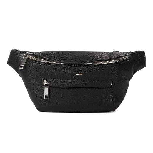 This BOSS Ray Black Faux Leather Belt Bag has a front zip pocket and the main zip compartment.