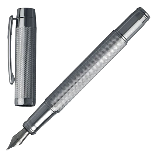 Full view of the Hugo Boss Bold chrome fountain pen shown next to the cap.