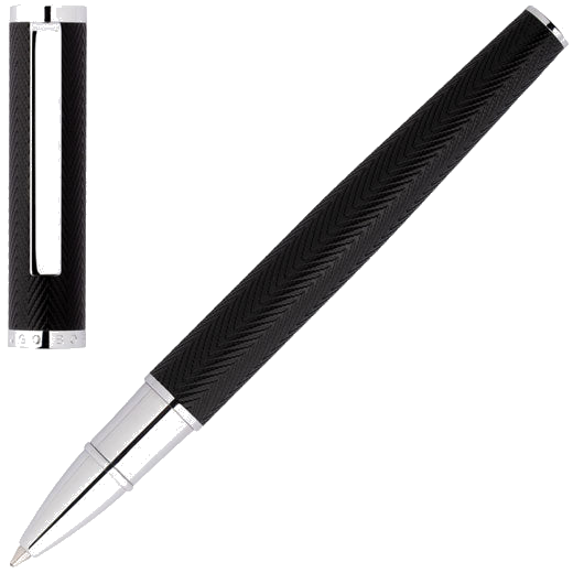 This is the Black & Chrome Formation Herringbone Rollerball Pen designed for Hugo Boss.