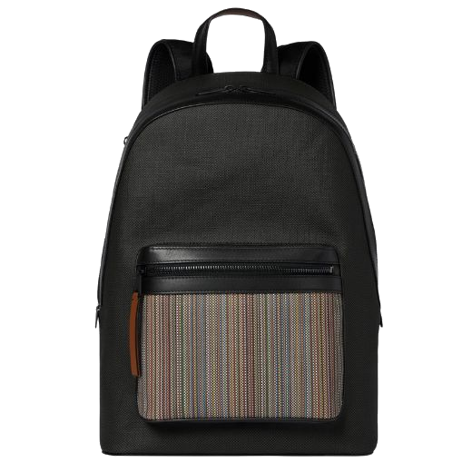 Paul Smith's Signature Stripe Pocket Coated Canvas Backpack has a front zip pocket with the signature stripe print and leather trims in black.