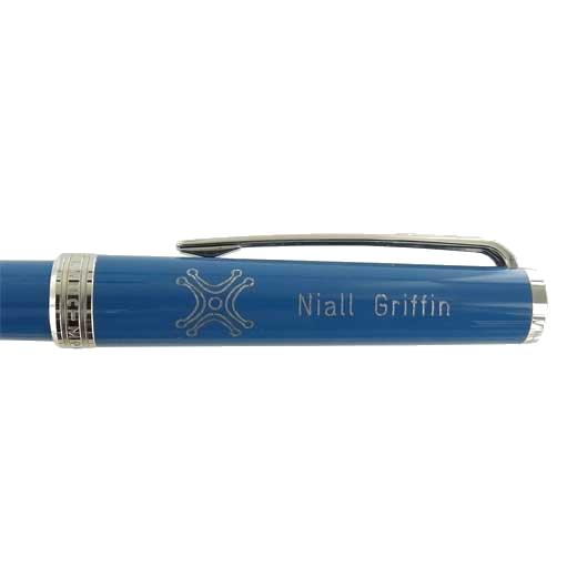 This Montblanc Petrol Blue ballpoint pen comes with a company logo on the front.