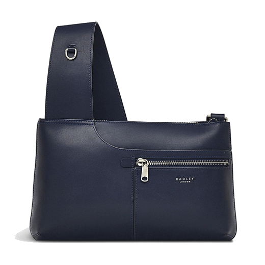 This Radley Pockets Icon Dark Blue Small Cross Body Bag comes with silver hardware and the Radley brand name in silver foil embossing.