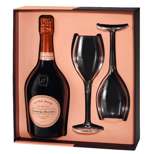 Laurent-Perrier Cuvée Rosé Champagne 75 cl and 2 Glasses Gift Set comes in a branded box.