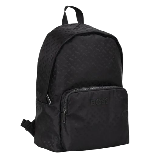 This BOSS Catch 3.0 Monogram Black Backpack has a front zip pocket and a spacious main compartment with a padded laptop section.