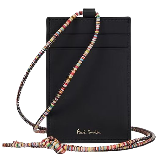 The Black Leather ID and 2CC Card Holder with Signature Stripe Neck Strap by Paul Smith.