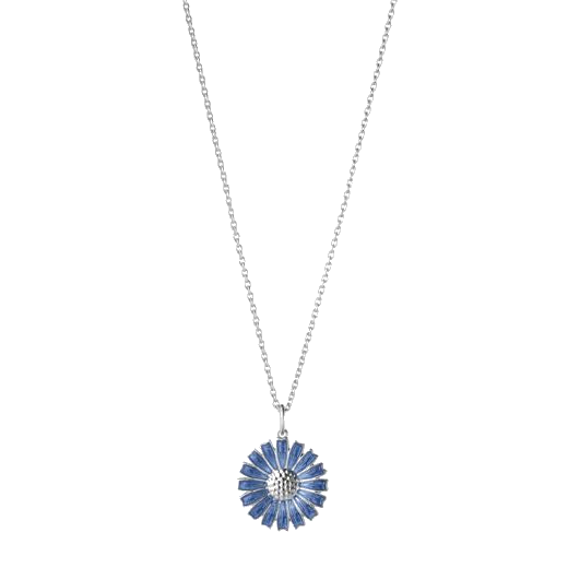 Georg Jensen's Blue Enamel Silver Daisy Pendant is made out of sterling silver and hand poured enamel.
