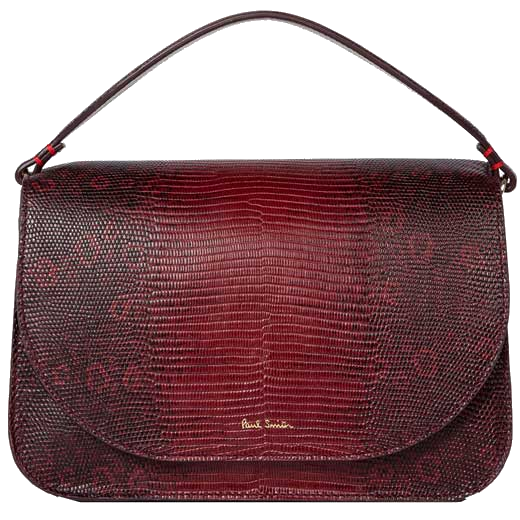 This Paul Smith Women's Mock Lizard Burgundy Clutch Saddle Bag features a magnetic dot closure.