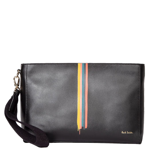 This Paul Smith Black Leather Wash Bag with Painted Stripe Detailing features a zip pocket on the rear.