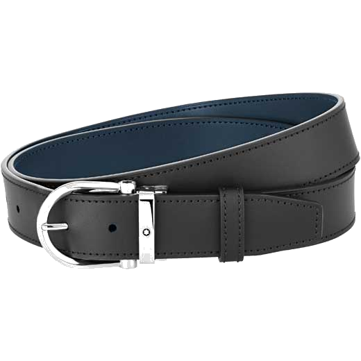 This is the Montblanc Casual Line Horseshoe Stainless Steel Pin Buckle Reversible Black/Blue Belt.