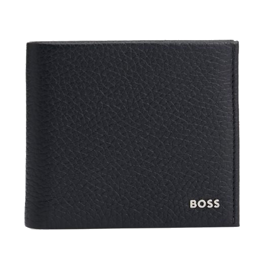 This BOSS Crosstown 4CC Grained Leather Bifold Coin Wallet has the brand name on the front corner in polished silver lettering.