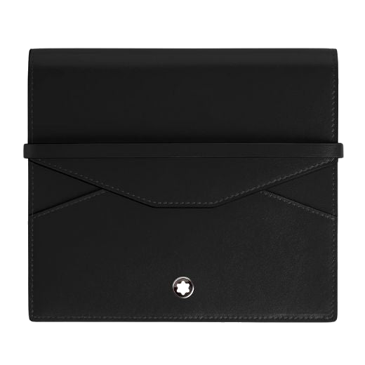 Montblanc's Meisterstück Black Leather 8 Pen Pouch has a flap closure with 8 pen loops inside in black leather.