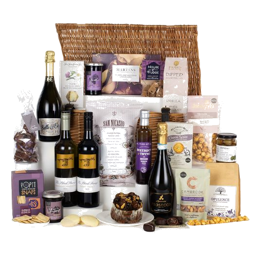 The Ultimate Hamper by Wheelers Luxury Hampers with a range of sweet treats, savoury and bottles of bubbly.