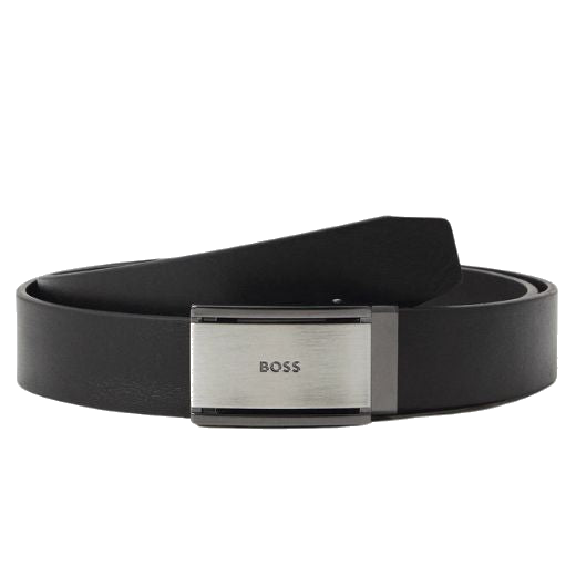 The Jecori Black Leather Clamping Buckle Belt with Logo by BOSS.