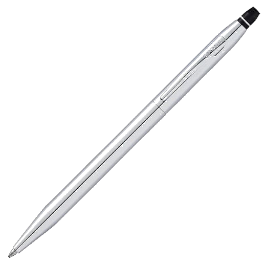 This Cross Click Lustrous Chrome Ballpoint Pen has the brand name engraved onto the clip of the pen with black trims at the top to click the pen to open.