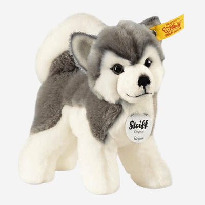Steiff's Bernie the Husky Soft Plush Toy is made with polyester and is a small stuffed animal that is a great gift for children and babies.