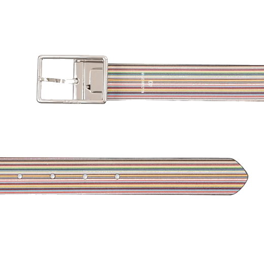 Paul Smith's 'Signature Stripe' Reversible Leather Belt has a shiny buckle that is made from zinc alloy and has the signature engraved onto the back.